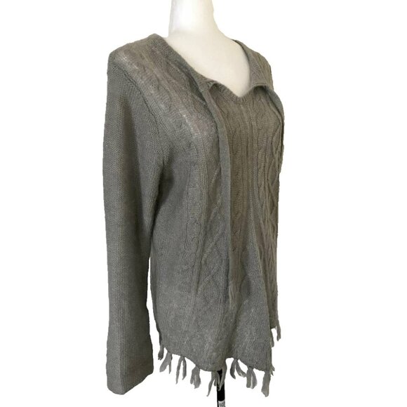 PRANA Shelby Poncho Sweater Womens Size Large Fog Taupe Cable Knit Tassle - Picture 3 of 7